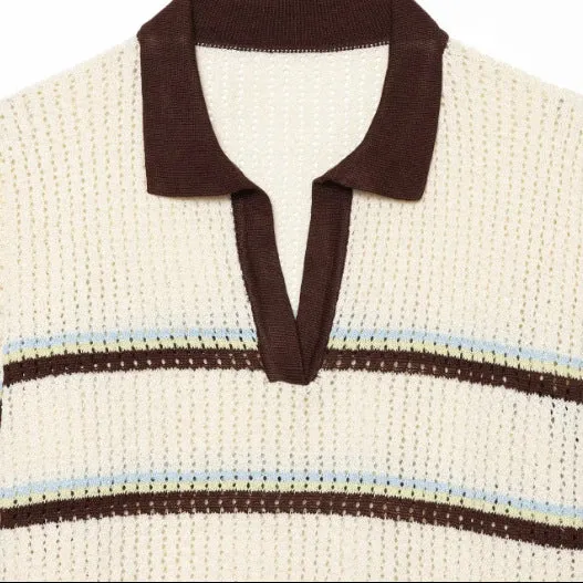 Damen Kurzarm Polo-Strickpullover mit V‑Ausschnitt, Strukturmuster und Streifendetail Drune