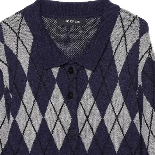 Damen Kurzarm Polo-Strickpullover mit V‑Ausschnitt, Strukturmuster und Streifendetail Drune