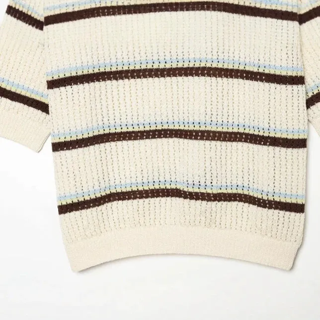 Damen Kurzarm Polo-Strickpullover mit V‑Ausschnitt, Strukturmuster und Streifendetail Drune
