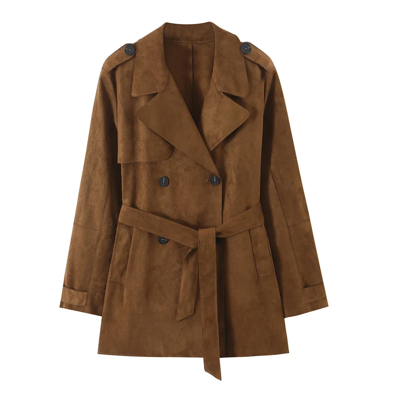 Damen Kurz-Trenchcoat aus Kunstwildleder mit Taillengürtel und doppelter Knopfleiste Drune