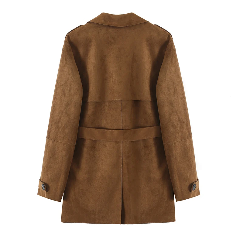 Damen Kurz-Trenchcoat aus Kunstwildleder mit Taillengürtel und doppelter Knopfleiste Drune