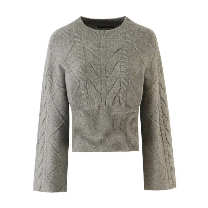 Damen Kurz geschnittener Zopfstrick-Pullover mit weitem Ärmel und geripptem Saum Drune