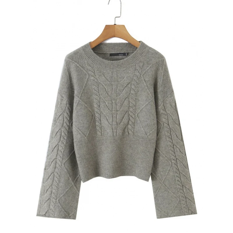 Damen Kurz geschnittener Zopfstrick-Pullover mit weitem Ärmel und geripptem Saum Drune