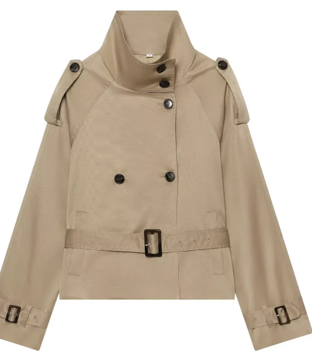 Damen Kurz geschnittener Trenchblouson mit hohem Stehkragen und Taillengürtel Drune