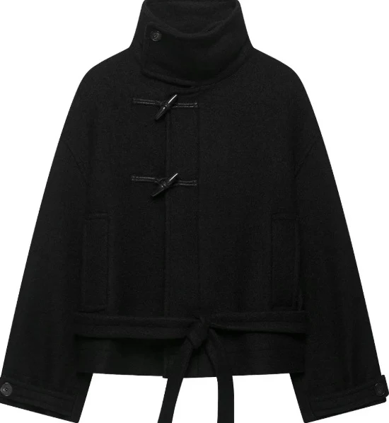Damen Kurz geschnittener Duffle‑Cape‑Mantel mit hohem Funnelkragen, Knebelverschlüssen und Bindegürtel Drune