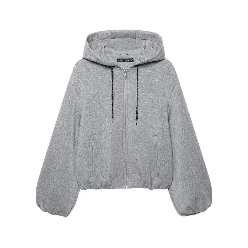 Damen Cropped Kapuzen-Sweatjacke mit Ballonärmeln und Tunnelzug Drune