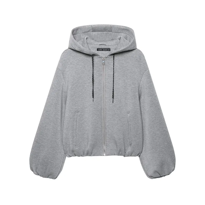 Damen Cropped Kapuzen-Sweatjacke mit Ballonärmeln und Tunnelzug Drune