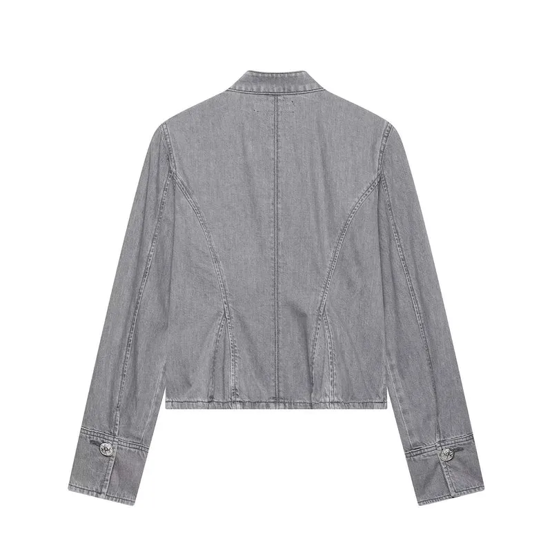 Damen Cropped Jeansjacke mit Mandarin‑Kragen und dekorativen Zierknoten Drune
