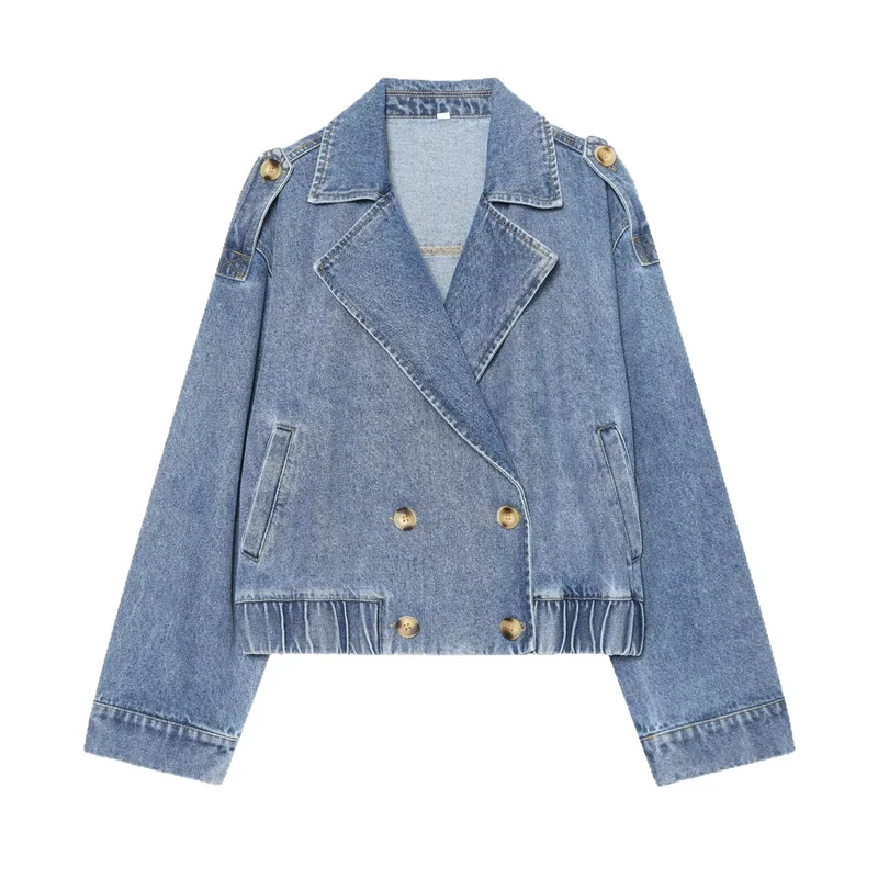 Damen Cropped Jeansjacke im Trench‑Stil mit doppelreihiger Knopfleiste und Schulterklappen Drune