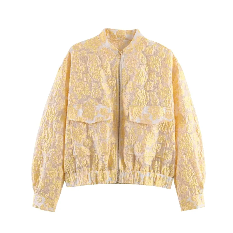 Damen Cropped Jacquard‑Blousonjacke mit Metallreißverschluss und Pattentaschen Drune