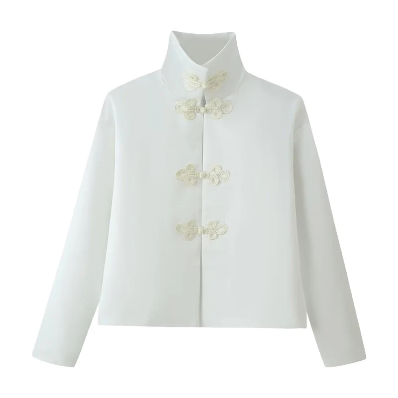 Damen Cropped-Jacke im Mandarin-Stil mit dekorativen Froschverschlüssen und kastigem Schnitt Drune
