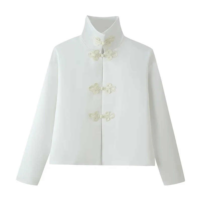 Damen Cropped-Jacke im Mandarin-Stil mit dekorativen Froschverschlüssen und kastigem Schnitt Drune