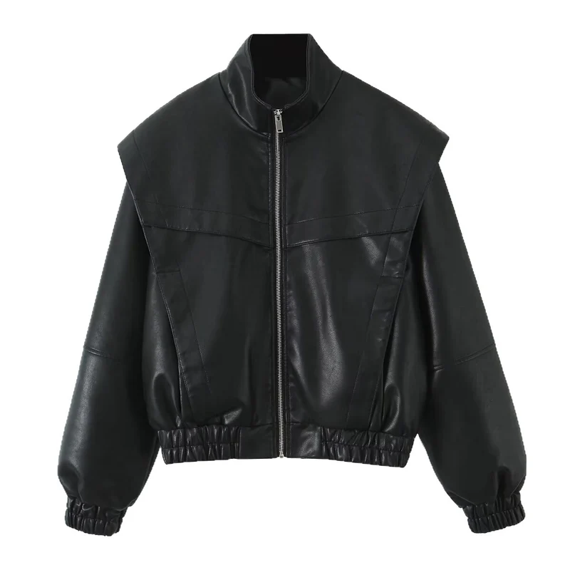 Damen Cropped Jacke im futuristischen Biker-Look aus veganer Lederoptik mit hohem Stehkragen und elastischem Saum Drune