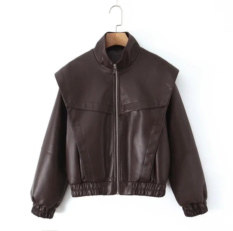 Damen Cropped Jacke im futuristischen Biker-Look aus veganer Lederoptik mit hohem Stehkragen und elastischem Saum Drune