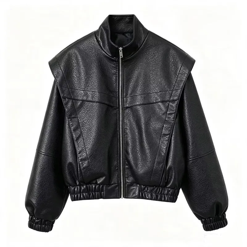 Damen Cropped Jacke im futuristischen Biker-Look aus veganer Lederoptik mit hohem Stehkragen und elastischem Saum Drune