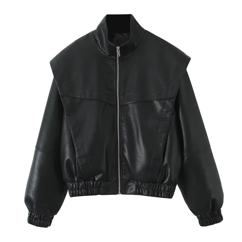 Damen Cropped Jacke im futuristischen Biker-Look aus veganer Lederoptik mit hohem Stehkragen und elastischem Saum Drune