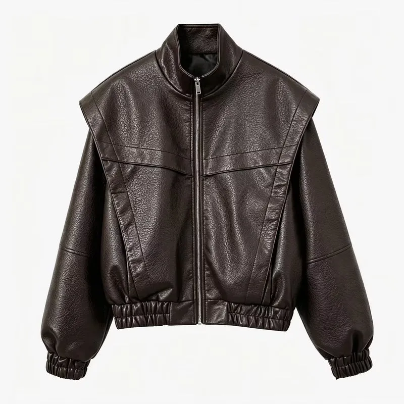 Damen Cropped Jacke im futuristischen Biker-Look aus veganer Lederoptik mit hohem Stehkragen und elastischem Saum Drune