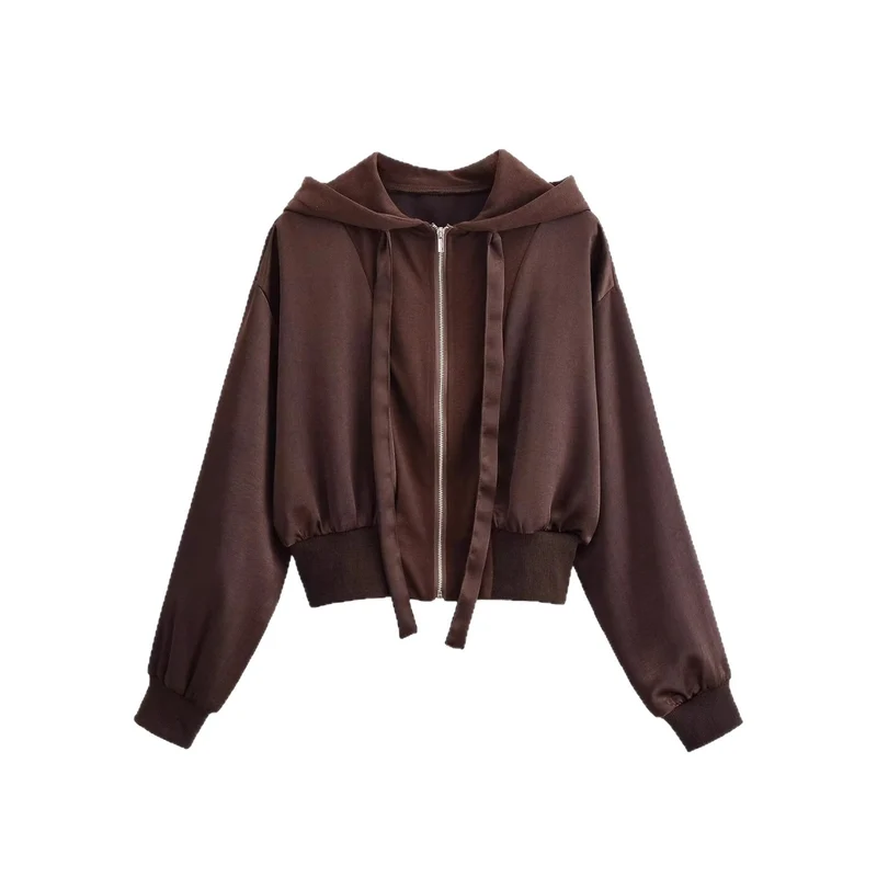 Damen Cropped Hoodie-Jacke mit durchgehendem Reißverschluss, breite Kapuze und taillierendem Rippbund Drune