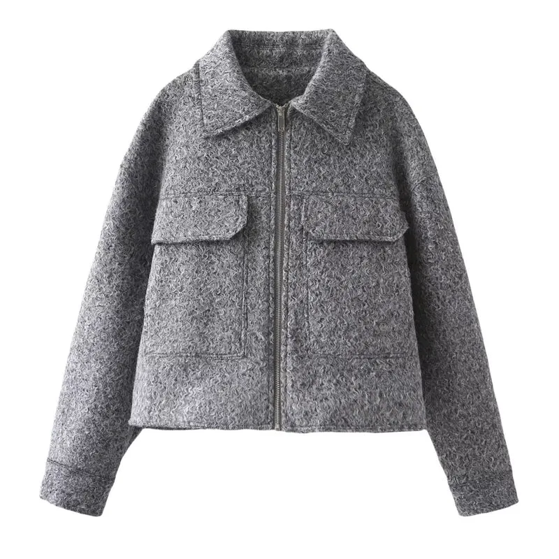 Damen Cropped-Hemdjacke aus Bouclé mit Boxy-Schnitt und Fronttaschen Drune