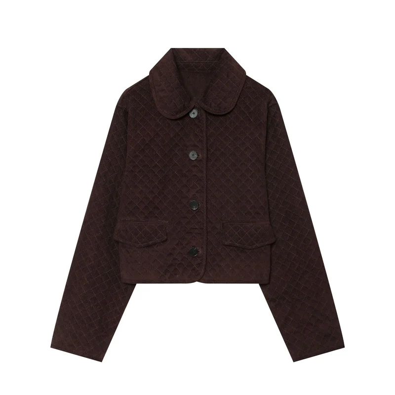 Damen Cropped gesteppte Cordjacke mit abgerundetem Kragen und Pattentaschen Drune