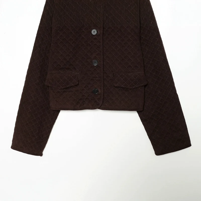 Damen Cropped gesteppte Cordjacke mit abgerundetem Kragen und Pattentaschen Drune