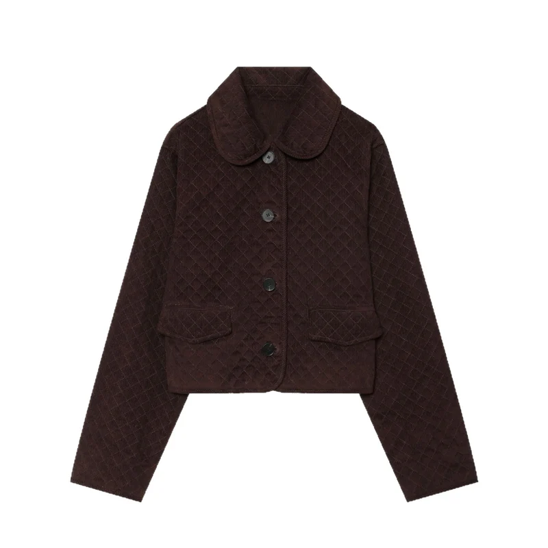 Damen Cropped gesteppte Cordjacke mit abgerundetem Kragen und Pattentaschen Drune