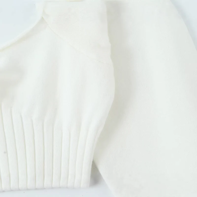 Damen Cropped-Feinstrickpullover mit taillierter Rippenstruktur, V-Ausschnitt, Rüschenbesatz und Ballonärmeln Drune