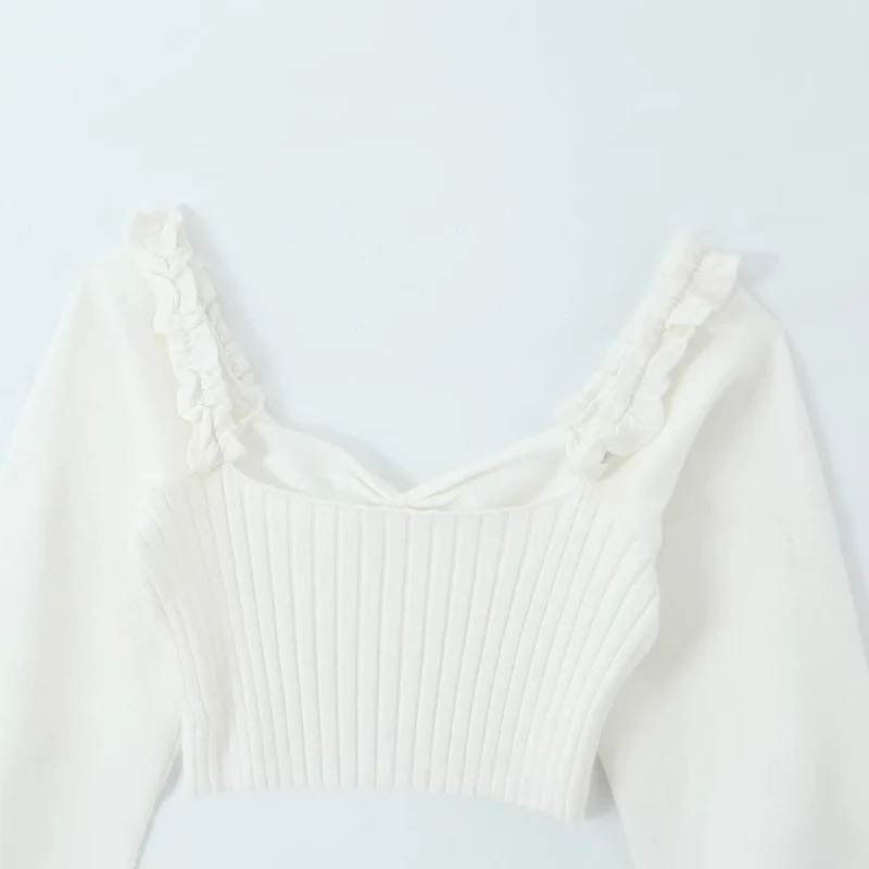 Damen Cropped-Feinstrickpullover mit taillierter Rippenstruktur, V-Ausschnitt, Rüschenbesatz und Ballonärmeln Drune