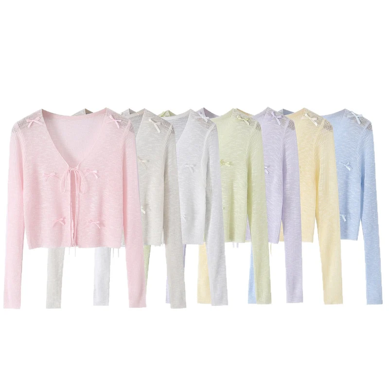Damen Cropped-Feinstrick-Cardigan mit V-Ausschnitt, Bindeband und Zierschleifen Drune