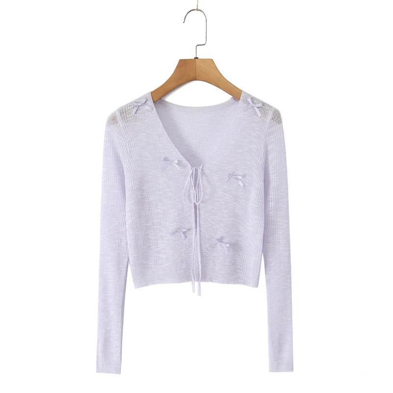 Damen Cropped-Feinstrick-Cardigan mit V-Ausschnitt, Bindeband und Zierschleifen Drune