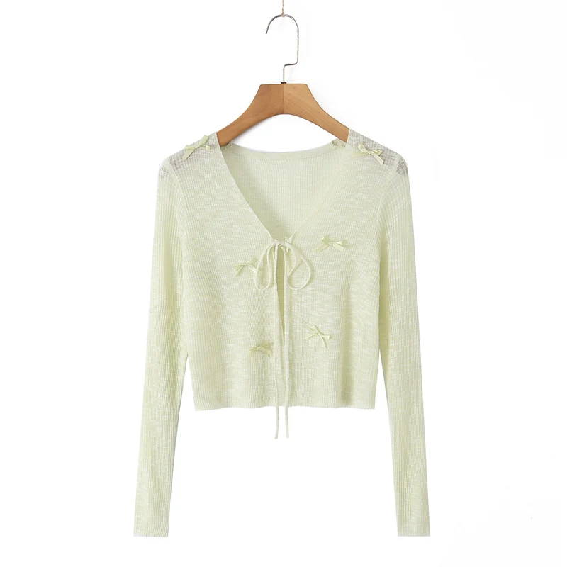 Damen Cropped-Feinstrick-Cardigan mit V-Ausschnitt, Bindeband und Zierschleifen Drune