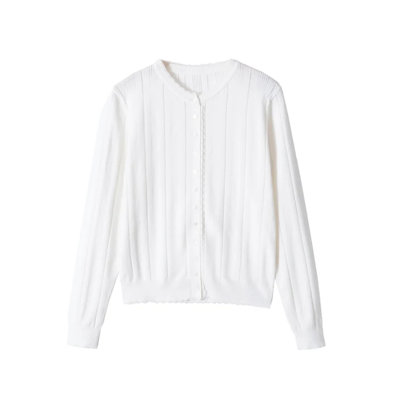 Damen Cropped Feinstrick-Cardigan mit Lochstreifen, Rundhals und Zierknopfleiste Drune