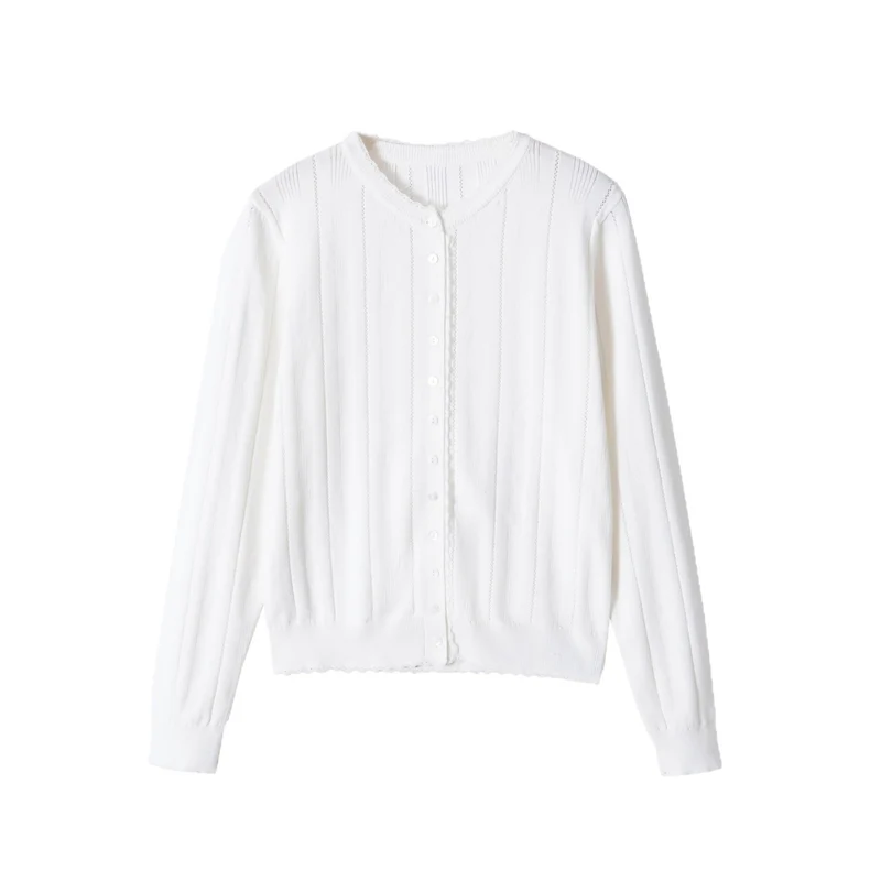 Damen Cropped Feinstrick-Cardigan mit Lochstreifen, Rundhals und Zierknopfleiste Drune