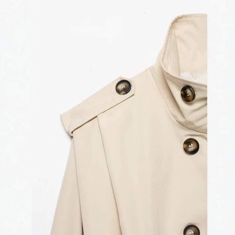 Damen Cropped Doppelreihige Trenchjacke mit Funnelkragen und Tunnelzugsaum Drune