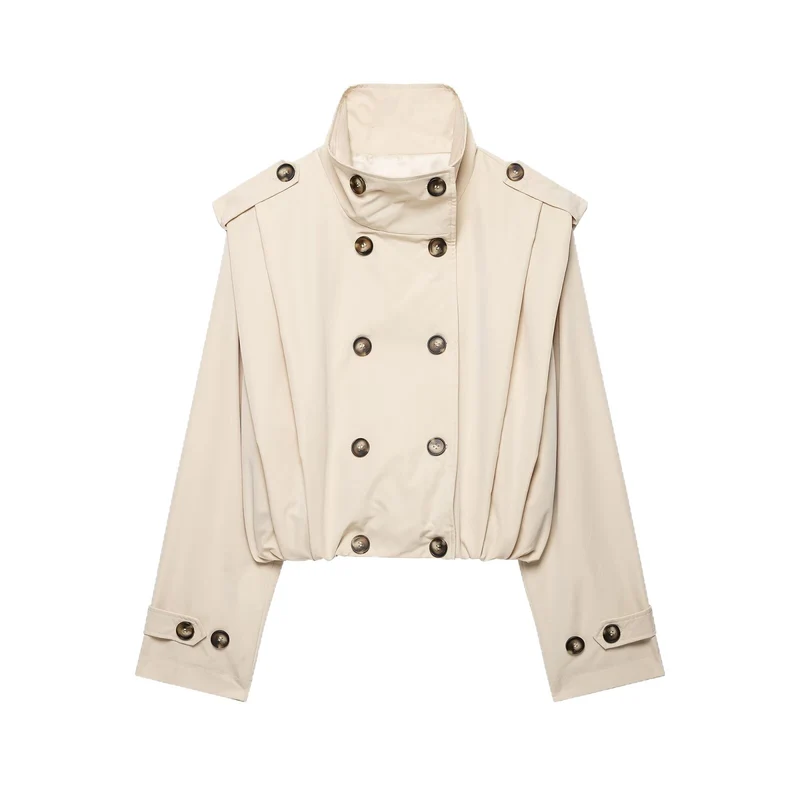 Damen Cropped Doppelreihige Trenchjacke mit Funnelkragen und Tunnelzugsaum Drune