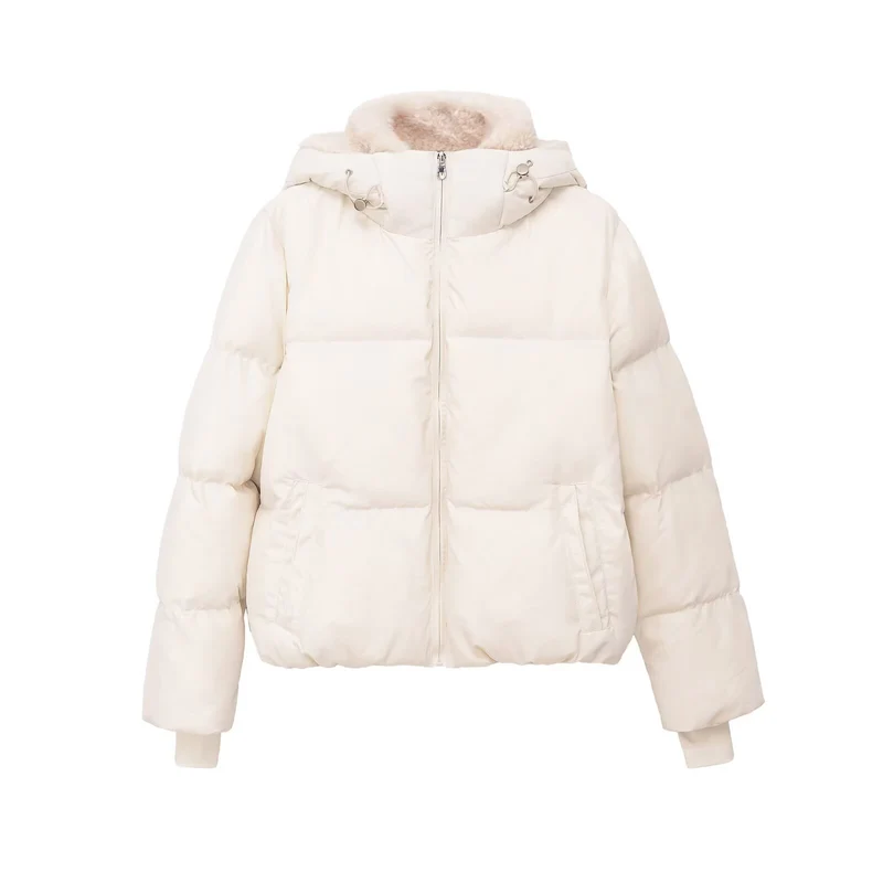 Damen Cropped Daunenoptik-Parka mit Teddygefütterter Kapuze und Rippbündchen Drune