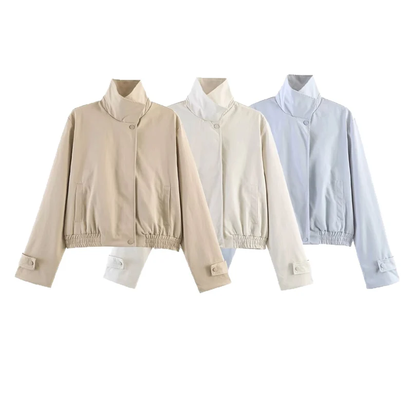 Damen Cropped-Boxy-Übergangsjacke mit Stehkragen, Druckknopfverschluss und elastischem Bund Drune