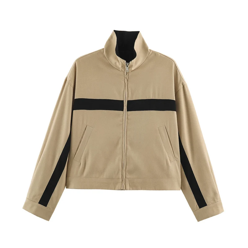 Damen Cropped Boxy-Trackjacke mit Stehkragen und Kontraststreifen Drune