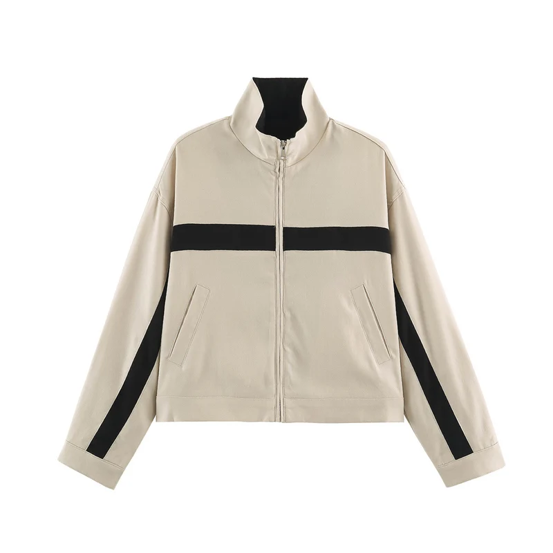 Damen Cropped Boxy-Trackjacke mit Stehkragen und Kontraststreifen Drune