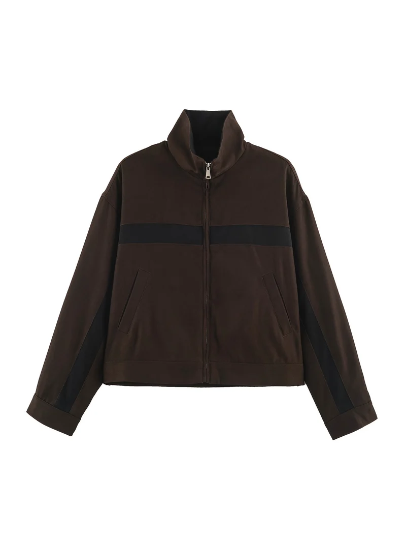 Damen Cropped Boxy-Trackjacke mit Stehkragen und Kontraststreifen Drune