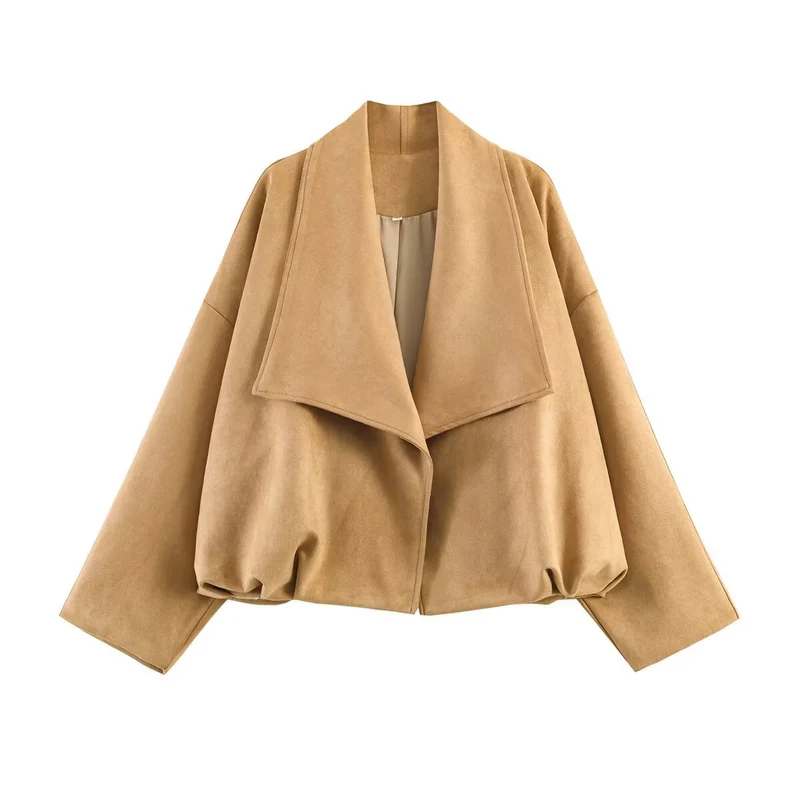 Damen Cropped-Boxy-Jacke in Wildlederoptik mit breitem Schalkragen und gerafftem Saum Drune