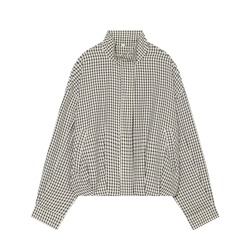 Damen Cropped Boxy-Jacke im Vichy-Karo mit Funnelkragen und verdeckter Knopfleiste Drune