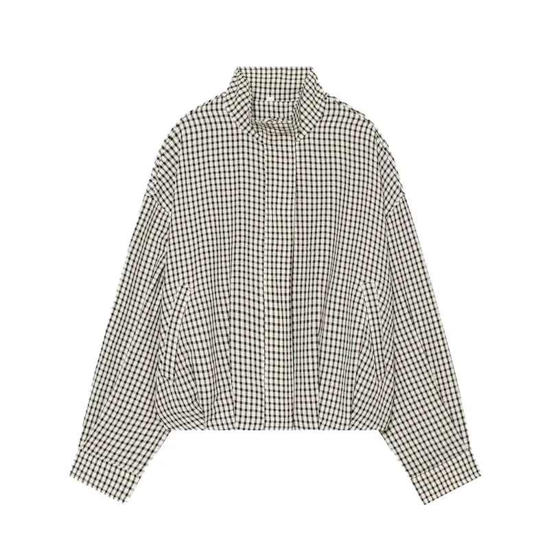 Damen Cropped Boxy-Jacke im Vichy-Karo mit Funnelkragen und verdeckter Knopfleiste Drune