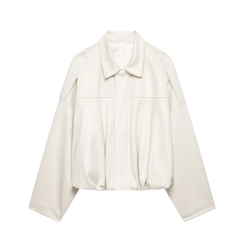 Damen Cropped-Boxy-Jacke aus Veloursoptik mit Hemdkragen, weiten Raglanärmeln und Tunnelzug Drune