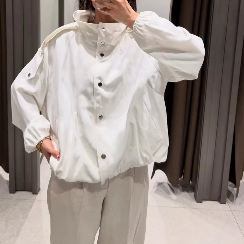 Damen Cropped-Boxy-Canvasjacke mit Funnelkragen, Druckknopfverschluss und Schulterpatten Drune