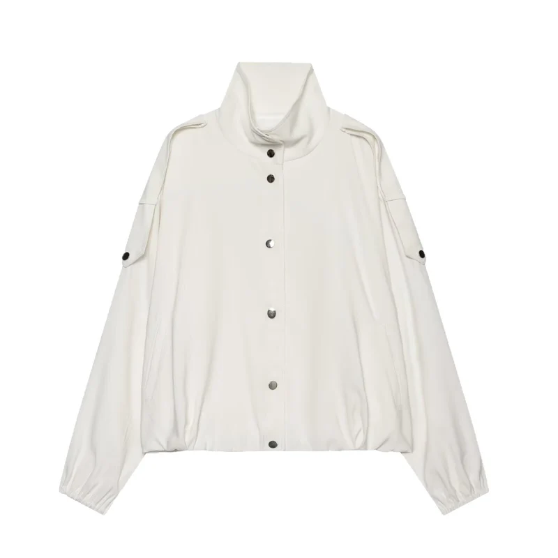 Damen Cropped-Boxy-Canvasjacke mit Funnelkragen, Druckknopfverschluss und Schulterpatten Drune