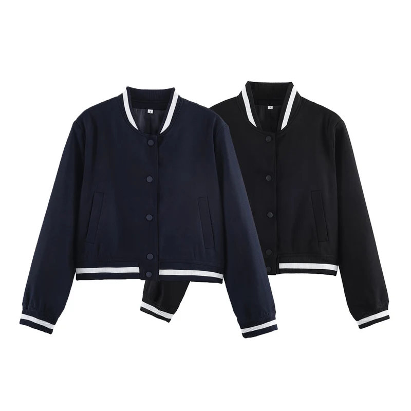 Damen Cropped-Boxy-Bomberjacke mit Rippbündchen und Druckknopfleiste Drune