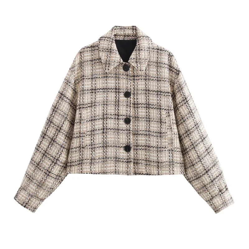 Damen Cropped Bouclé‑Übergangsjacke mit kastigem Boxy‑Schnitt, Hemdkragen und dekorativen Knöpfen Drune