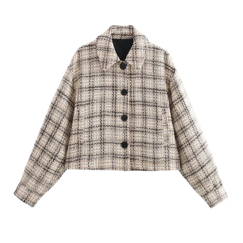 Damen Cropped Bouclé‑Übergangsjacke mit kastigem Boxy‑Schnitt, Hemdkragen und dekorativen Knöpfen Drune