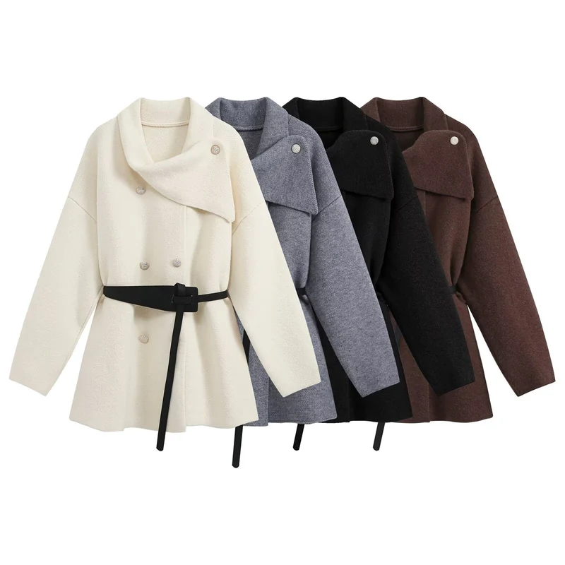 Damen Cropped Bouclé-Mantel mit asymmetrischem Schalkragen und dekorativem Gürtel Drune